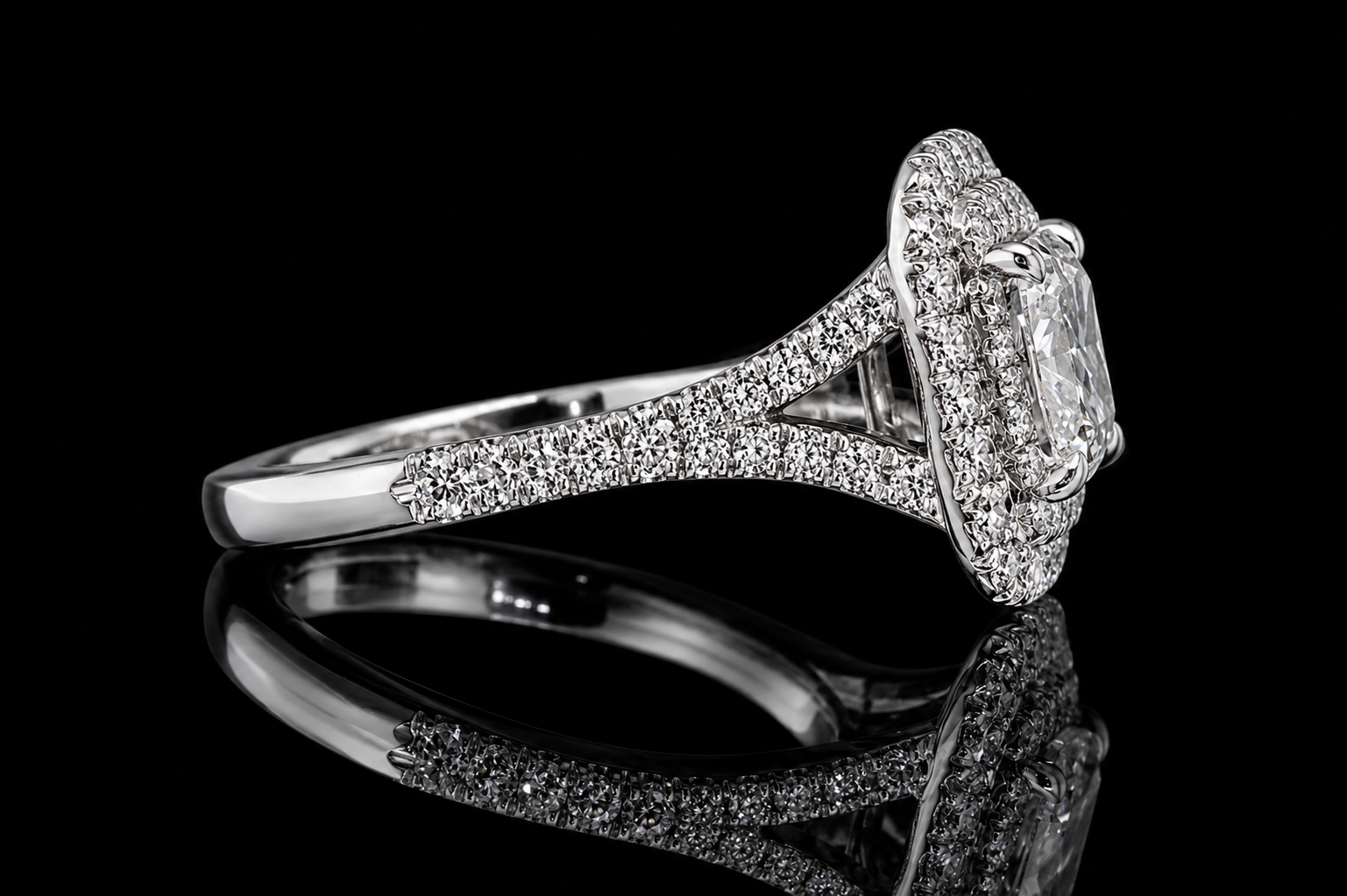 Cushion Cut Diamond Double Halo Split Shank Engagement Ring (eng307)