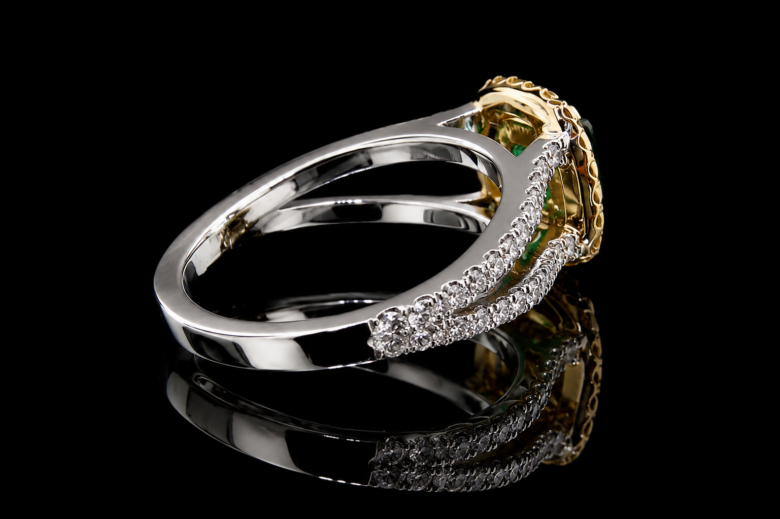 Emerald Cut Emerald Double Yellow Diamond Halo Ring (eng170)