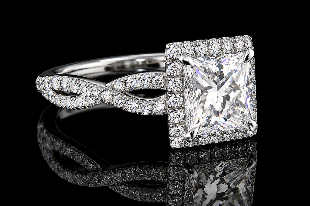 Princess Cut Diamond Halo Twisted Split Shank Engagement Ring (eng029)