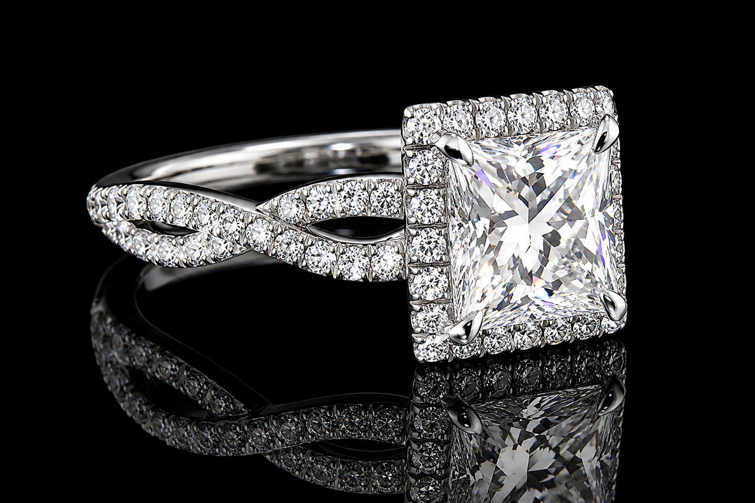 Princess Cut Diamond Halo Twisted Split Shank Engagement Ring (eng029)
