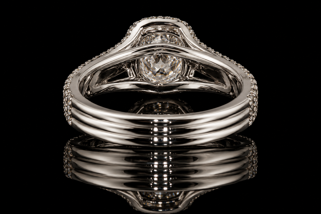 Cushion Cut Diamond Halo Triple Split Shank Engagement Ring (eng036)