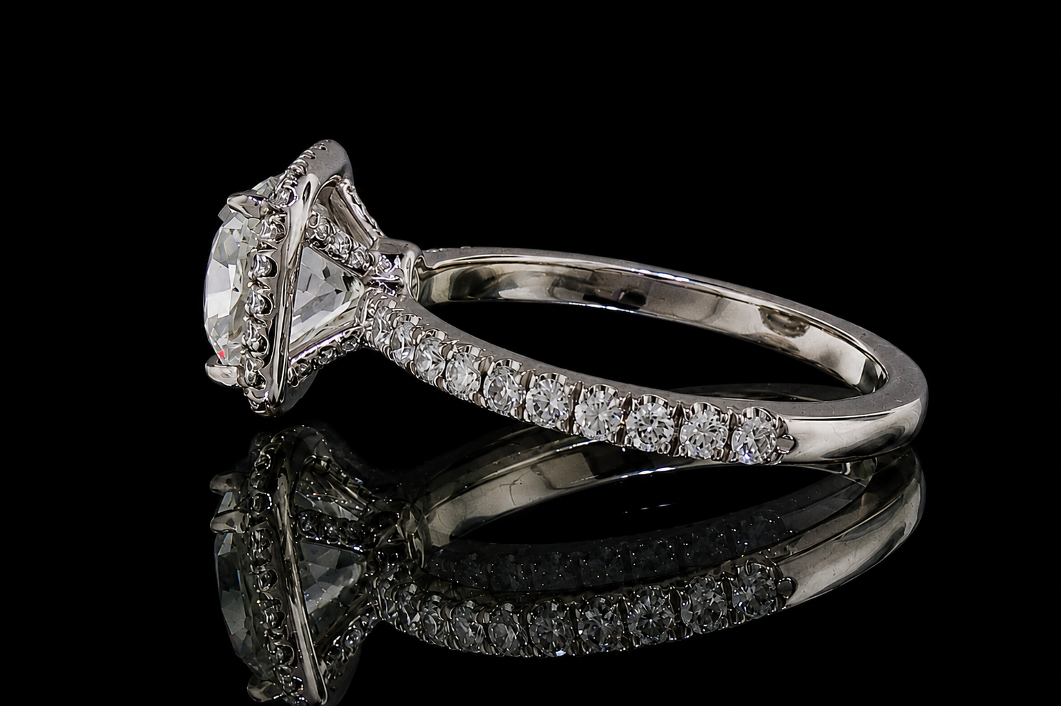 Cushion Cut Diamond Halo Ring with Pavé Band (eng511)