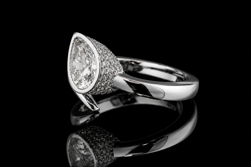 Pear Shaped Bezel Diamond Bypass Ring with Pavé Accents (eng493)