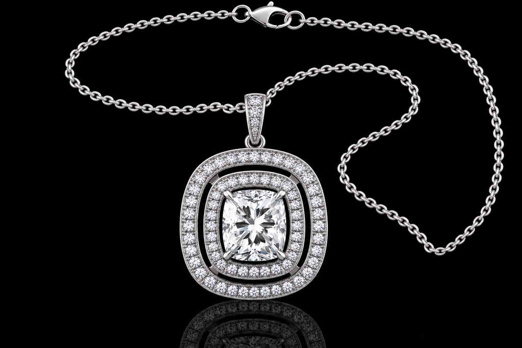 Platinum Cushion Cut Diamond Double Halo Pendant (pend038)