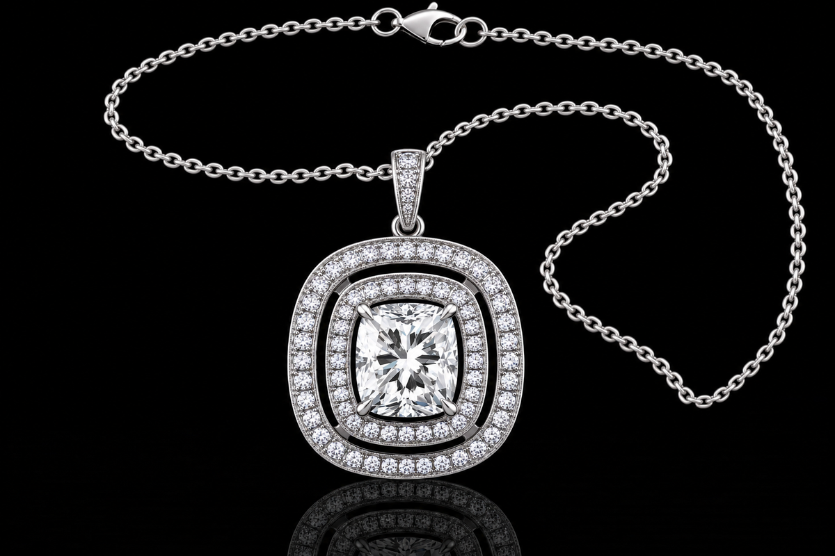 Platinum Cushion Cut Diamond Double Halo Pendant (pend038)