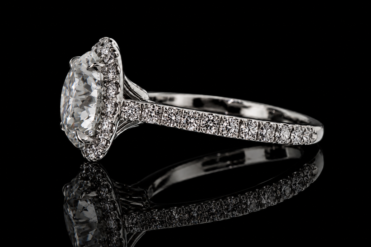 Round Brilliant Diamond Halo Engagement Ring with Pavé Band (eng320)