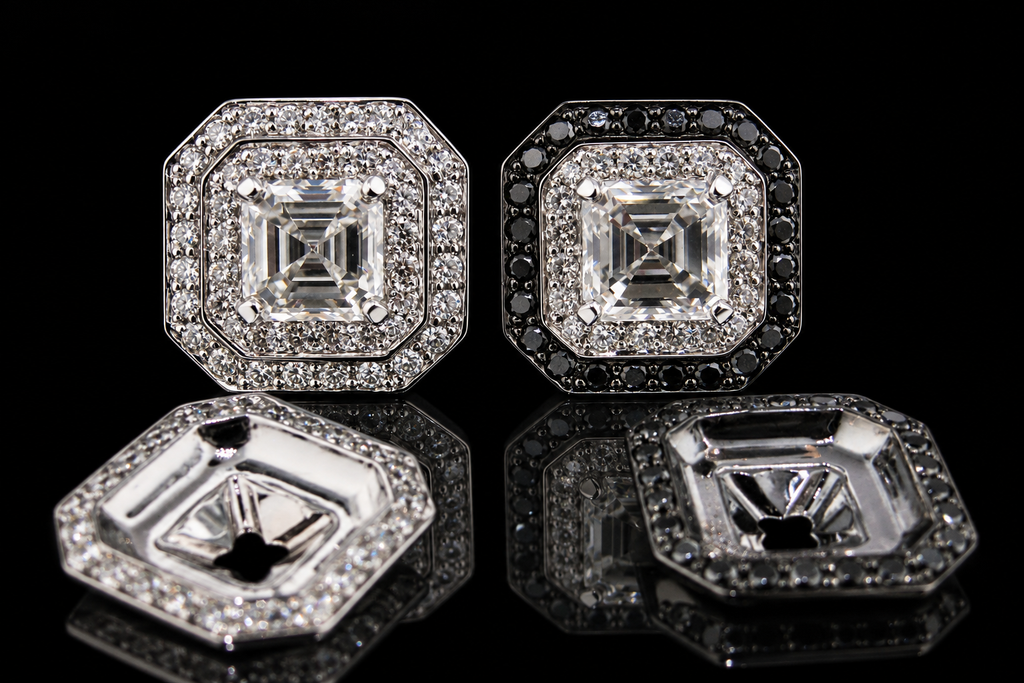 Asscher-Cut Diamond Studs with Removable Halo Jackets (ear025)
