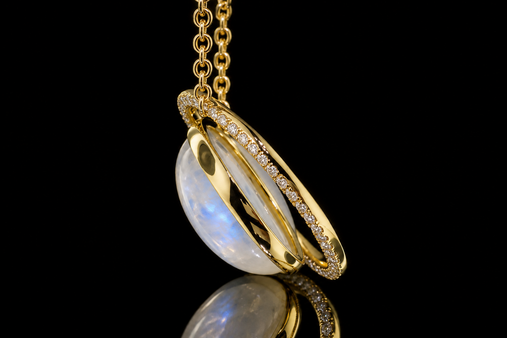 18K Yellow Gold Moonstone Micropavé Diamond Pendant (pend087)