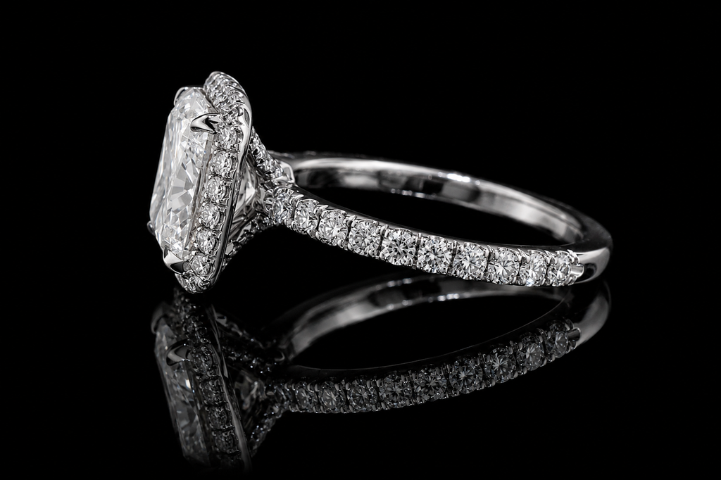 Cushion Cut Diamond Halo Ring with Pavé Band (eng548)