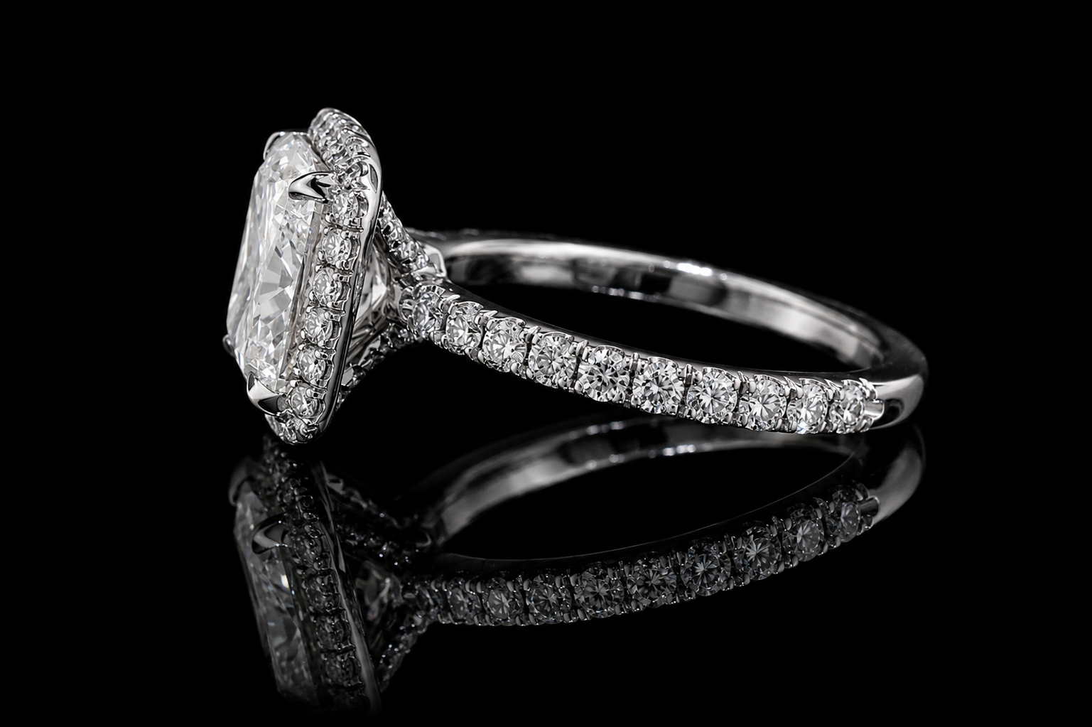 Cushion Cut Diamond Halo Ring with Pavé Band (eng548)