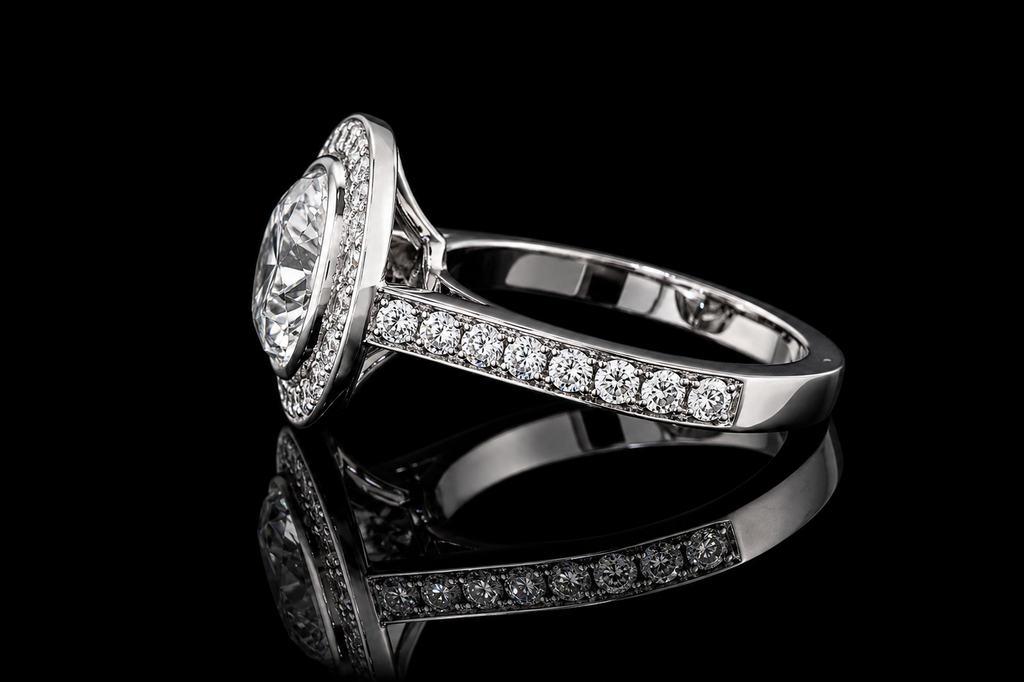 Round Brilliant Diamond Bezel Halo Ring with Pavé Band (eng523)