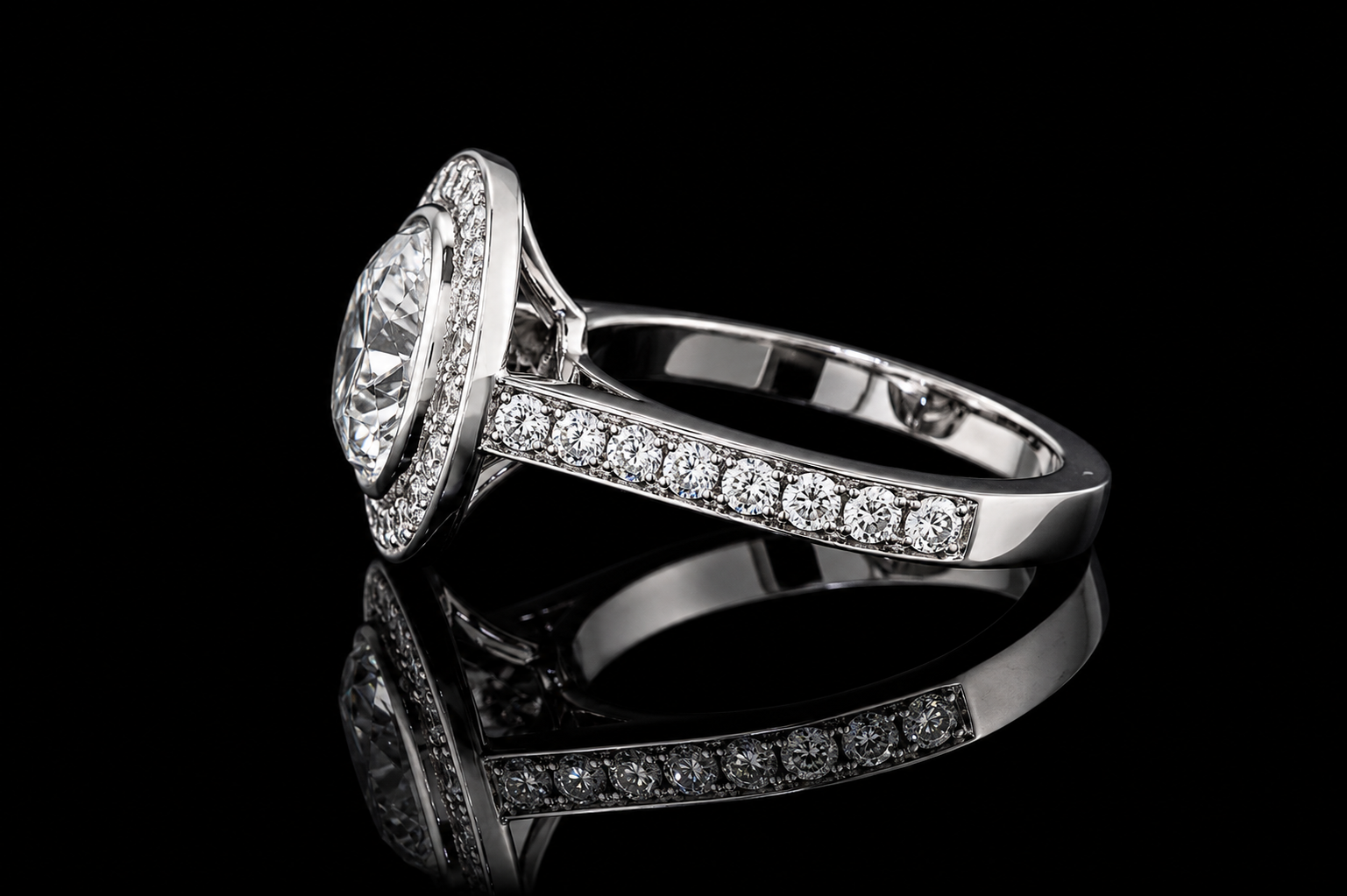 Round Brilliant Diamond Bezel Halo Ring with Pavé Band (eng523)