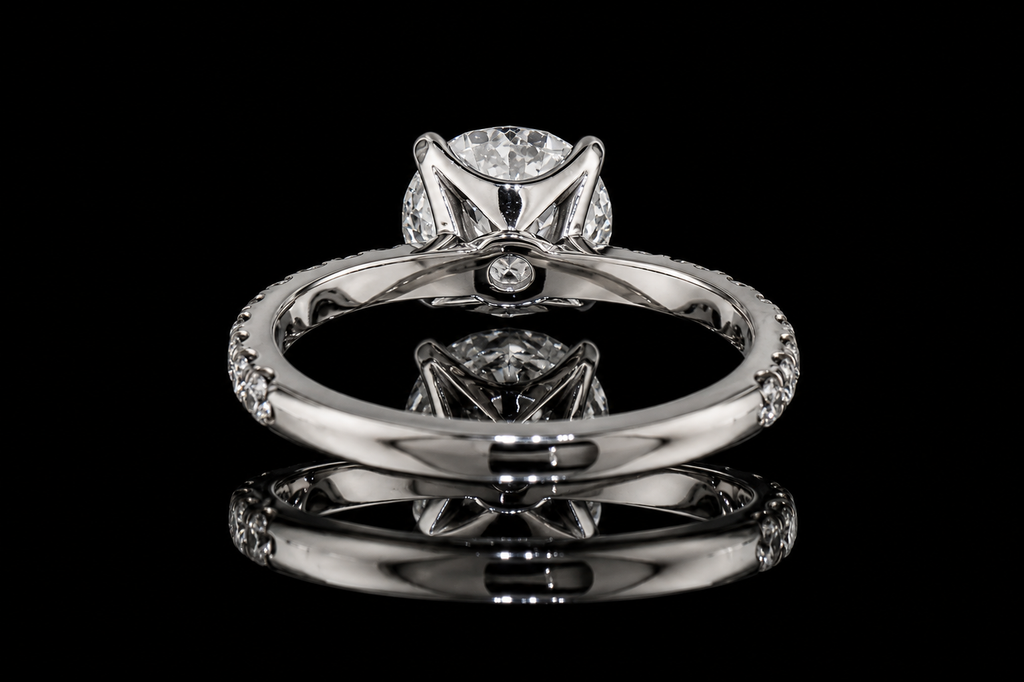 Round Brilliant Diamond Solitaire Ring with Pavé Band and Hidden Halo (eng512)