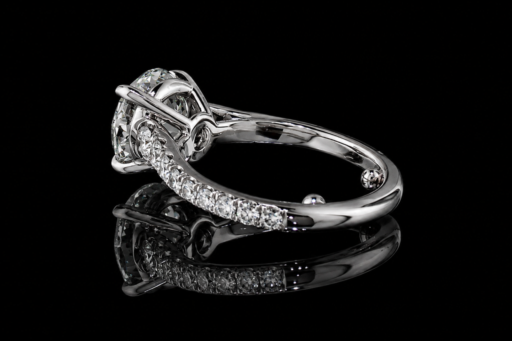 Round Brilliant Diamond Solitaire Ring with Hidden Halo and Pavé Band (eng504)