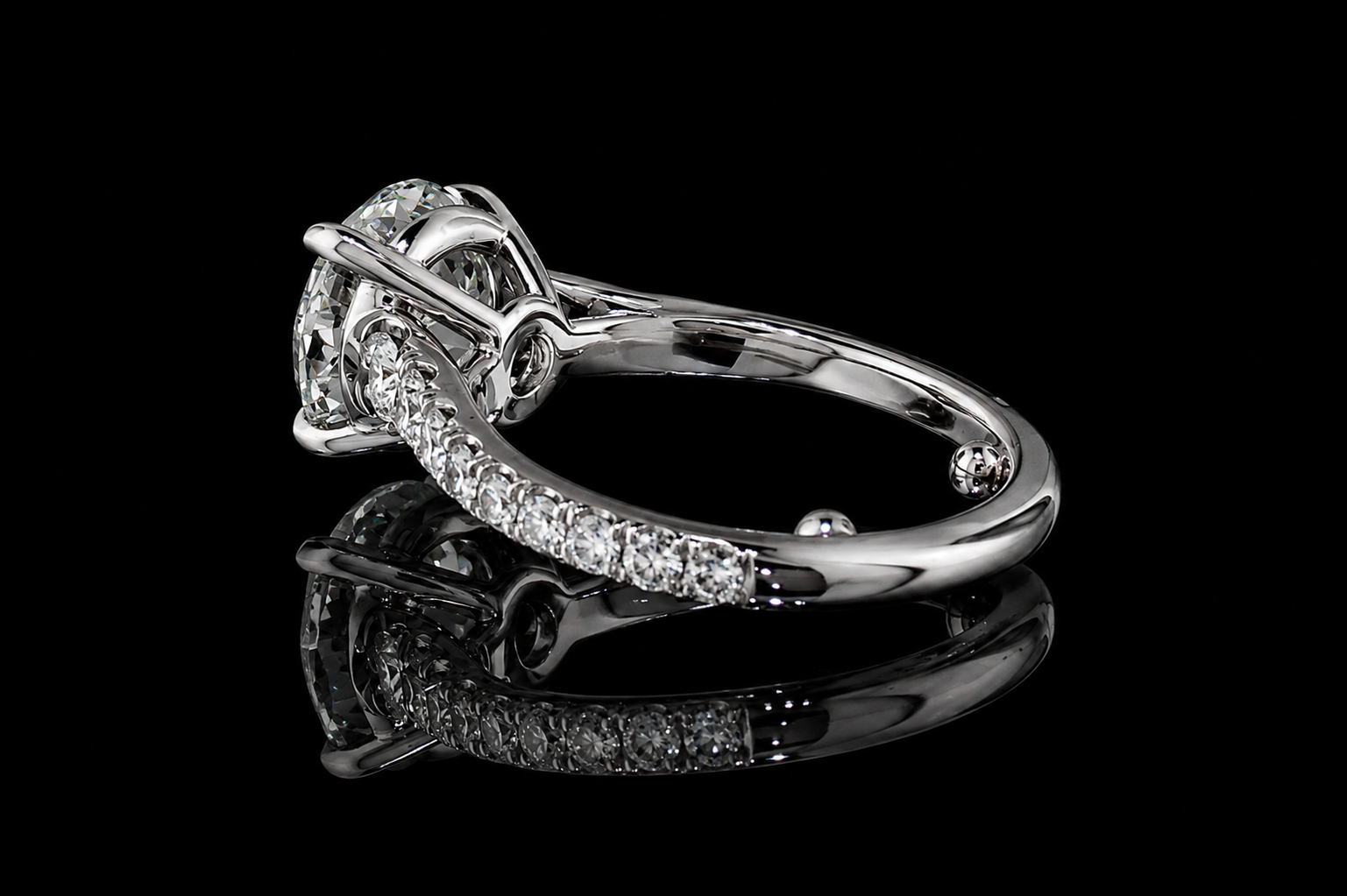 Round Brilliant Diamond Solitaire Ring with Hidden Halo and Pavé Band (eng504)