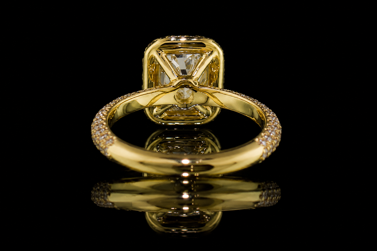 Yellow Gold Emerald Cut Diamond Halo Ring with Pavé Band (eng478)