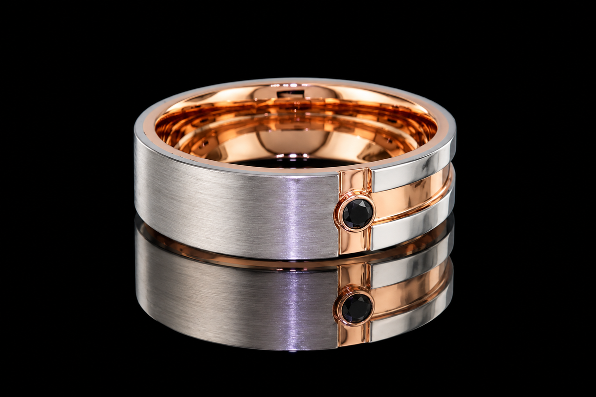 Two-Tone Rose Gold and Platinum Black Diamond Men's Band (band174)