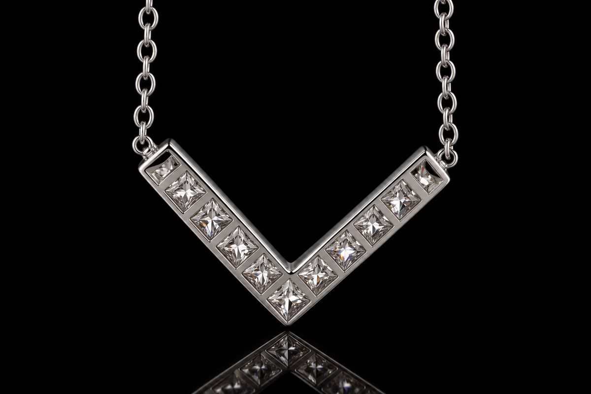 14K White Gold Channel-Set Princess-Cut Diamond V Necklace (pend101)