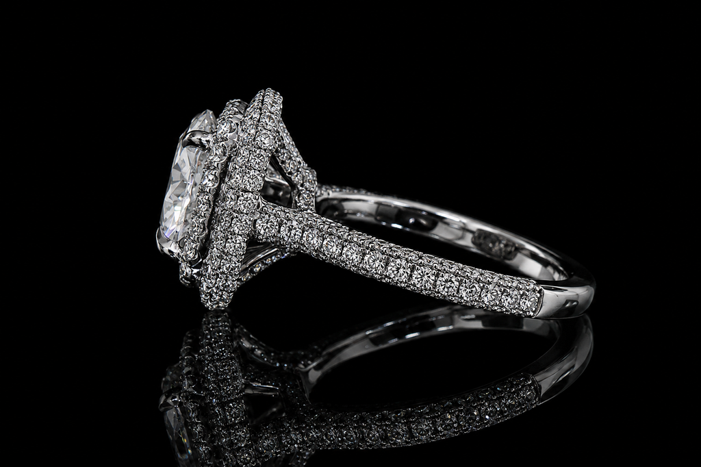 Round Brilliant Diamond Double Halo Ring with Pavé Band (eng545)
