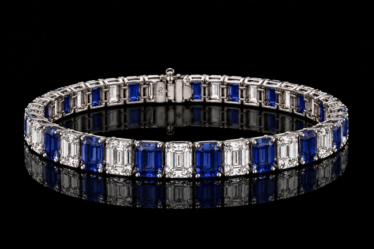 Emerald Cut Diamond & Sapphire Tennis Bracelet (brac002-2)