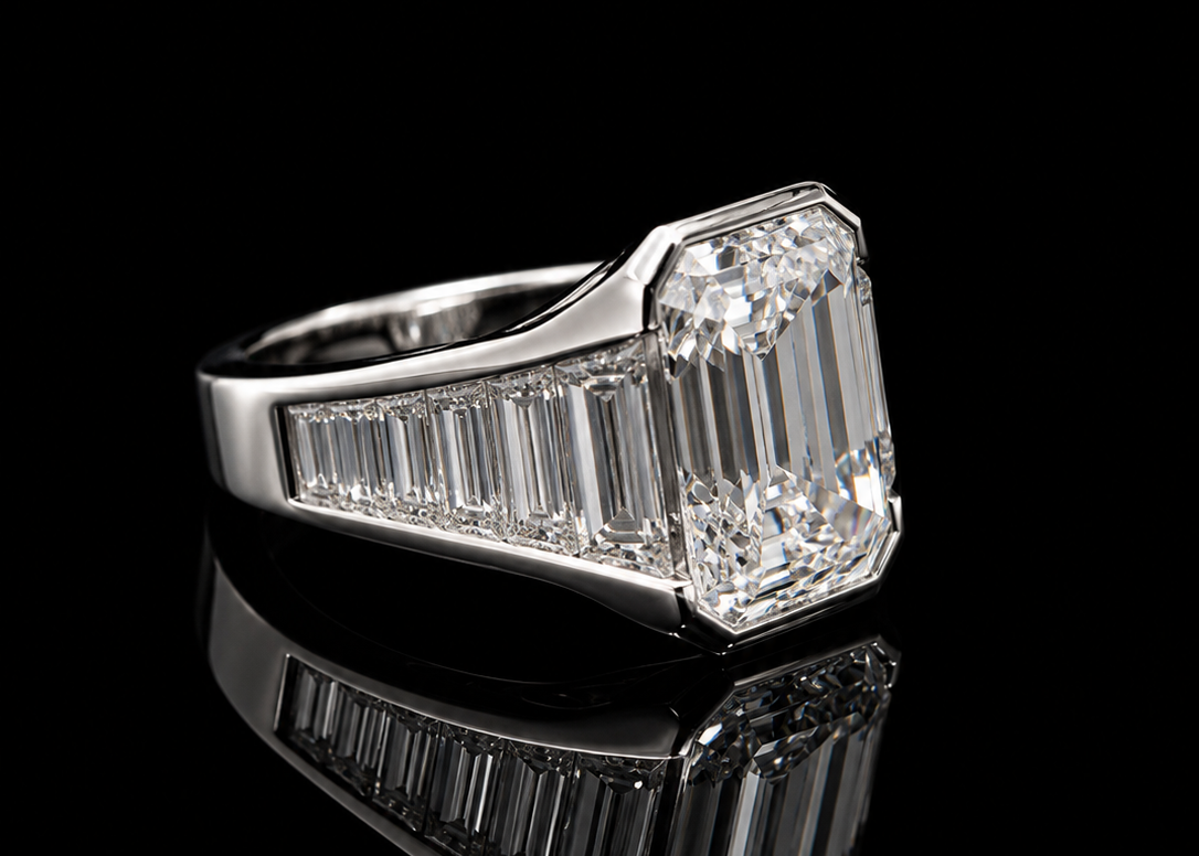 Bezel-Set Emerald-Cut Diamond Ring with Graduated Tapered Baguette Diamonds (eng787)