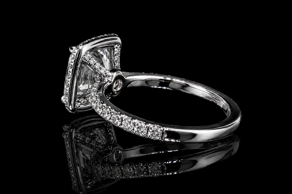 Cushion Cut Diamond Halo Ring with Pavé Band (eng548)