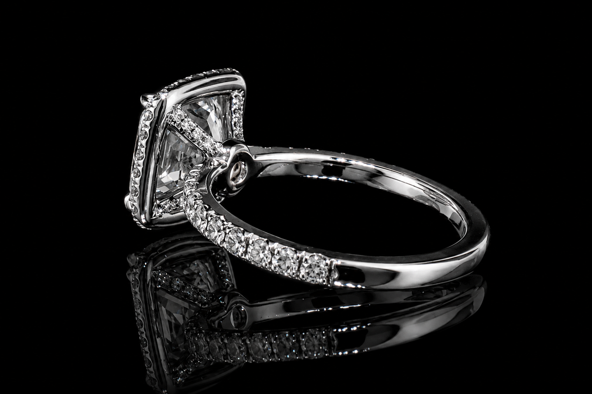 Cushion Cut Diamond Halo Ring with Pavé Band (eng548)
