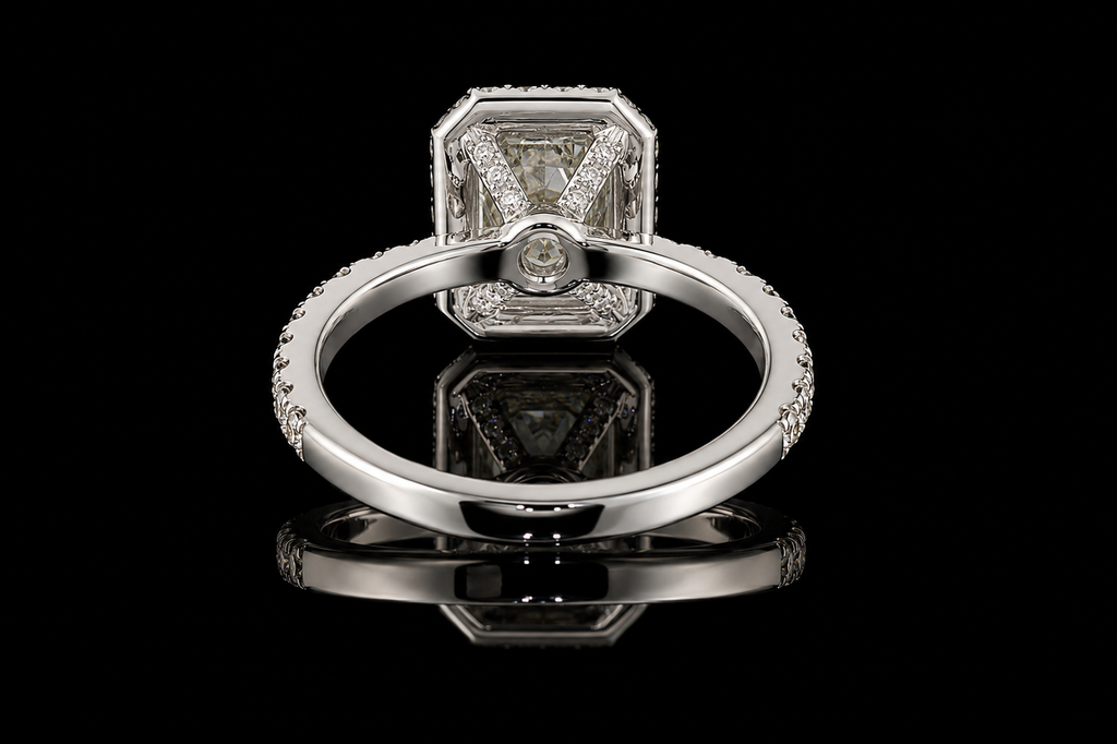 Emerald Cut Diamond Halo Ring with Pavé Band (eng463)