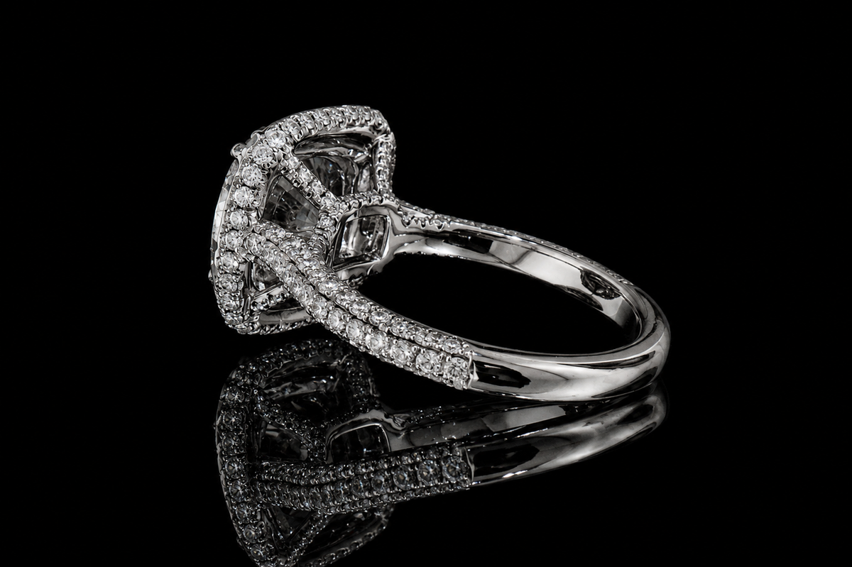 Round Brilliant Diamond Double Halo Ring with Pavé Band (eng545)