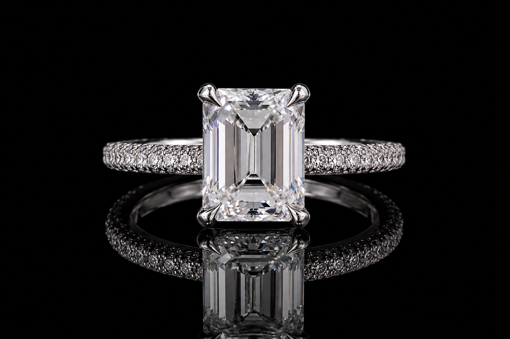 Emerald Cut Diamond Solitaire Ring with Pavé Band (eng471)