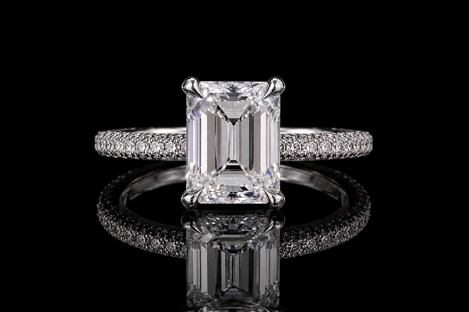 Emerald Cut Diamond Solitaire Ring with Pavé Band (eng471)
