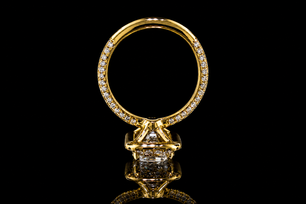 Yellow Gold Emerald Cut Diamond Halo Ring with Pavé Band (eng478)
