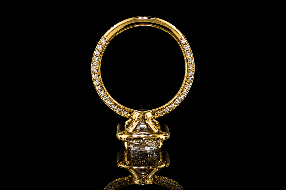 Yellow Gold Emerald Cut Diamond Halo Ring with Pavé Band (eng478)