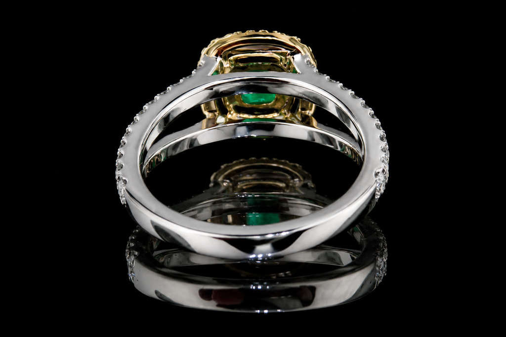 Emerald Cut Emerald Double Yellow Diamond Halo Ring (eng170)
