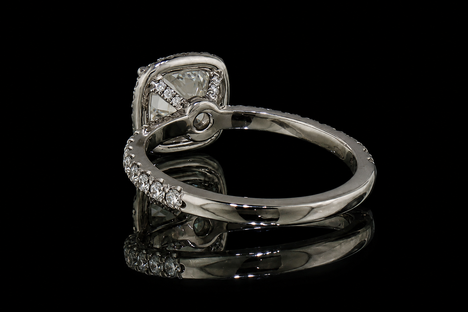 Cushion Cut Diamond Halo Ring with Pavé Band (eng511)