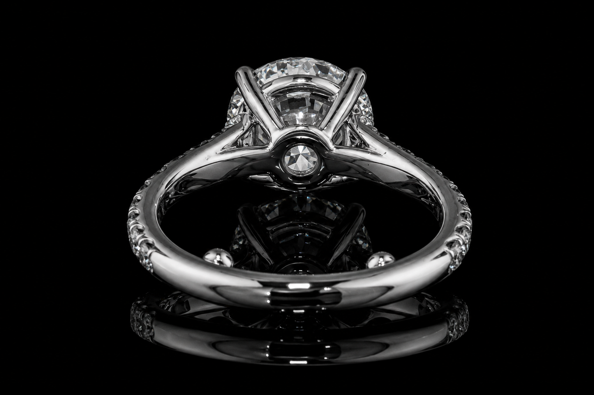 Round Brilliant Diamond Solitaire Ring with Hidden Halo and Pavé Band (eng504)