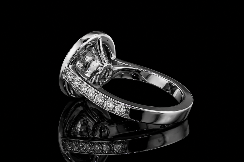 Round Brilliant Diamond Bezel Halo Ring with Pavé Band (eng523)