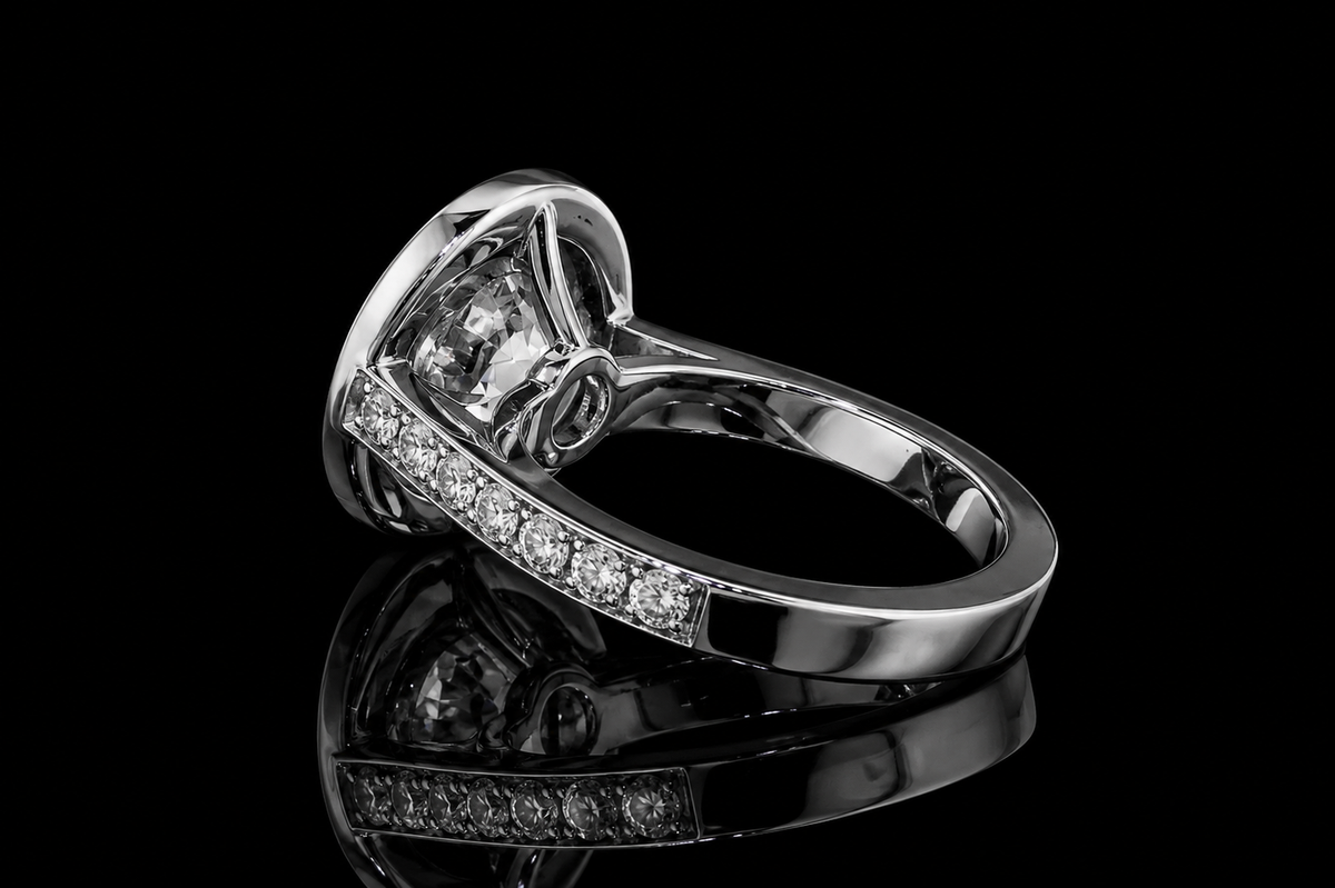 Round Brilliant Diamond Bezel Halo Ring with Pavé Band (eng523)
