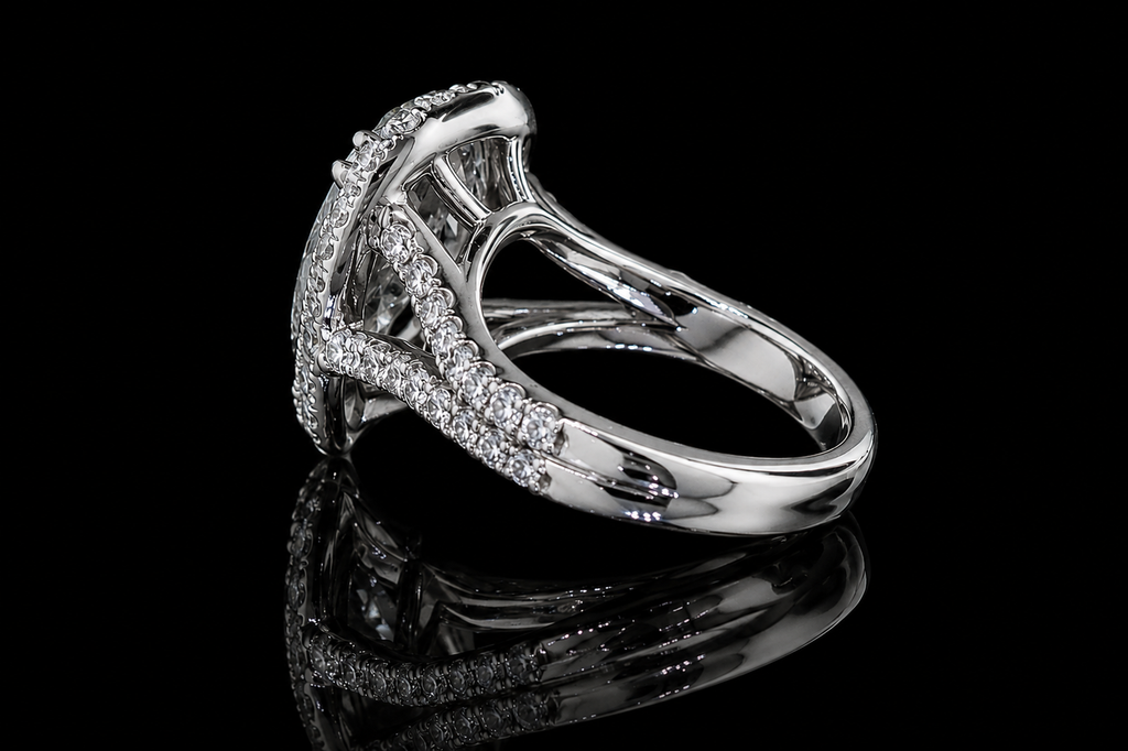 Pear Shaped Diamond Halo Ring with Split Pavé Band (eng529)