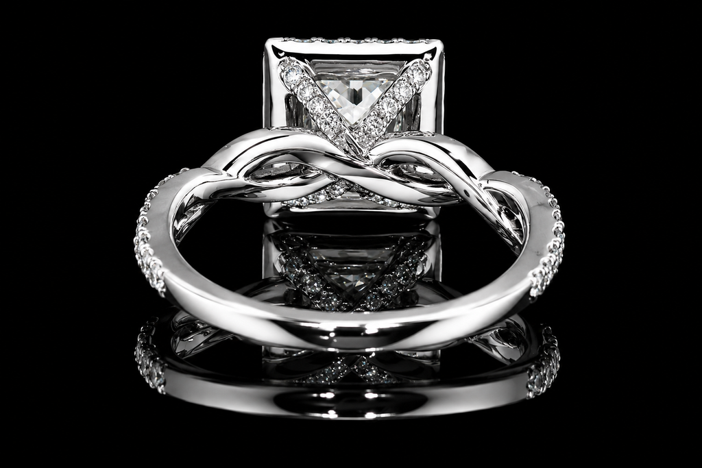 Princess Cut Diamond Halo Twisted Split Shank Engagement Ring (eng029)