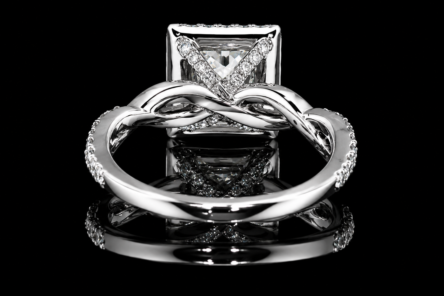 Princess Cut Diamond Halo Twisted Split Shank Engagement Ring (eng029)
