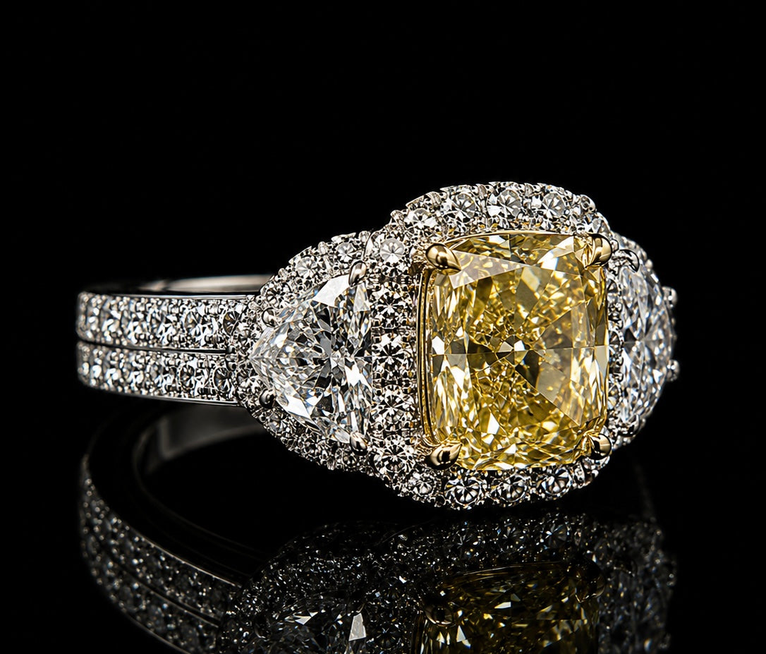 Cushion Cut Fancy Yellow Diamond Three-Stone Halo Ring (eng788)