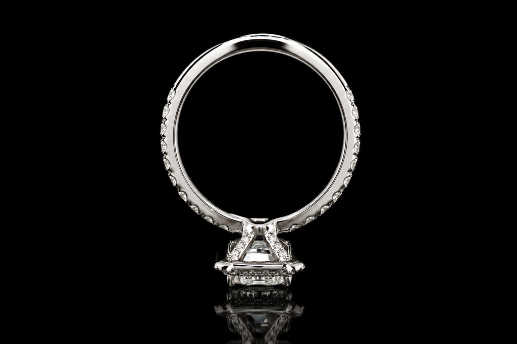 Emerald Cut Diamond Halo Ring with Pavé Band (eng463)