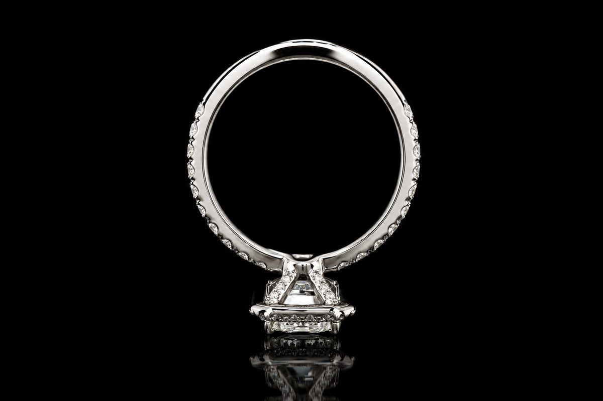 Emerald Cut Diamond Halo Ring with Pavé Band (eng463)