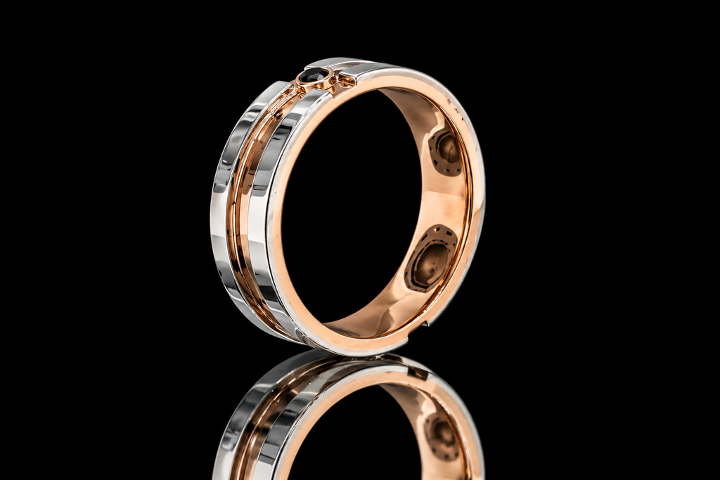 Two-Tone Rose Gold and Platinum Black Diamond Men's Band (band174)