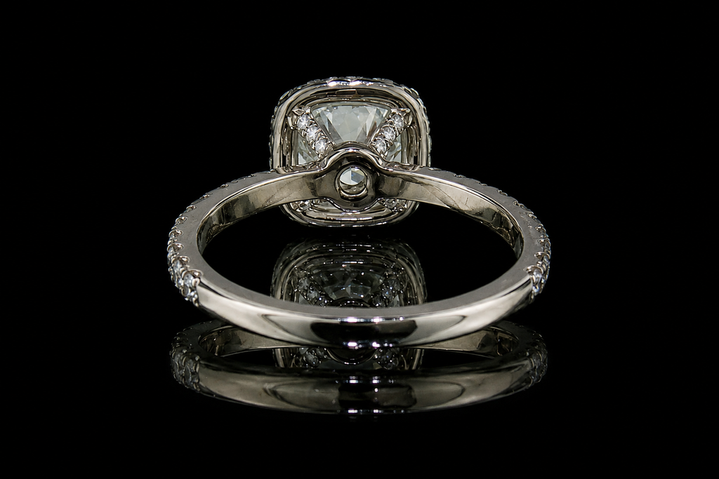 Cushion Cut Diamond Halo Ring with Pavé Band (eng511)