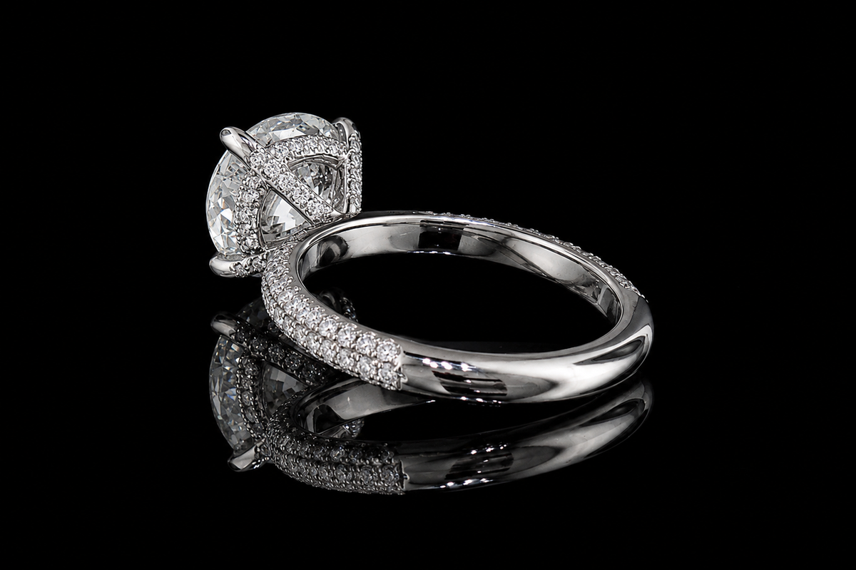 Round Brilliant Diamond Solitaire Ring with Triple Pavé Band (eng500)