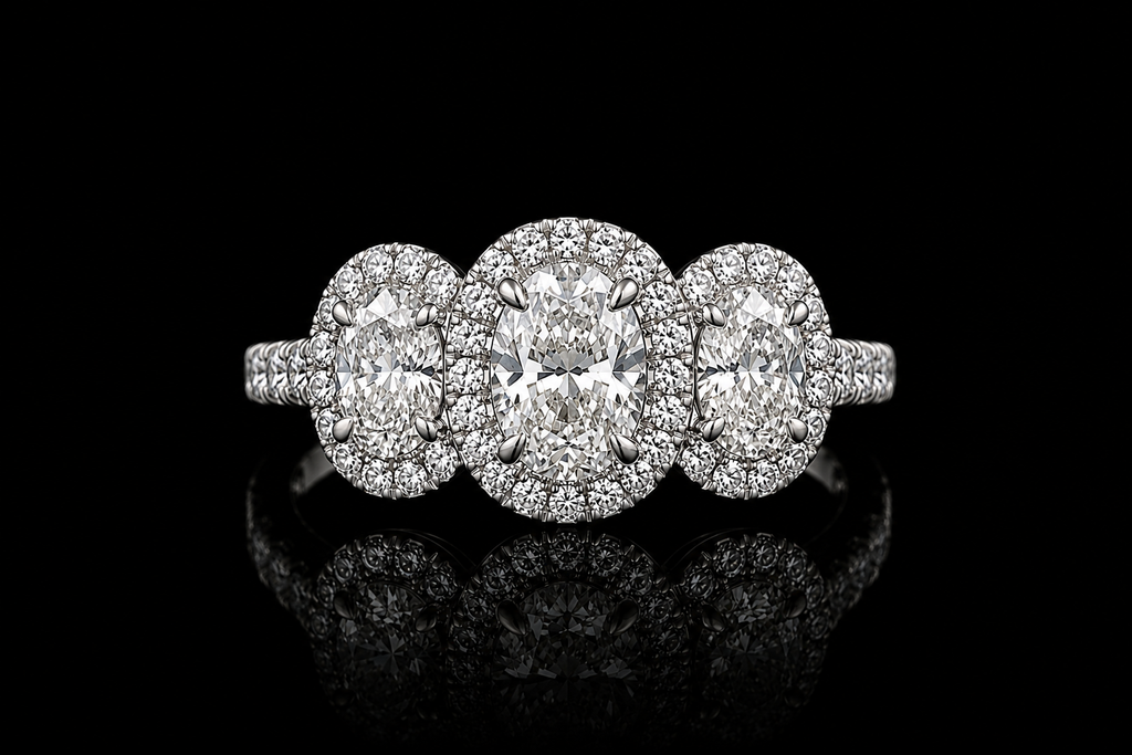 Three Stone Oval Diamond Halo Engagement Ring (eng752)