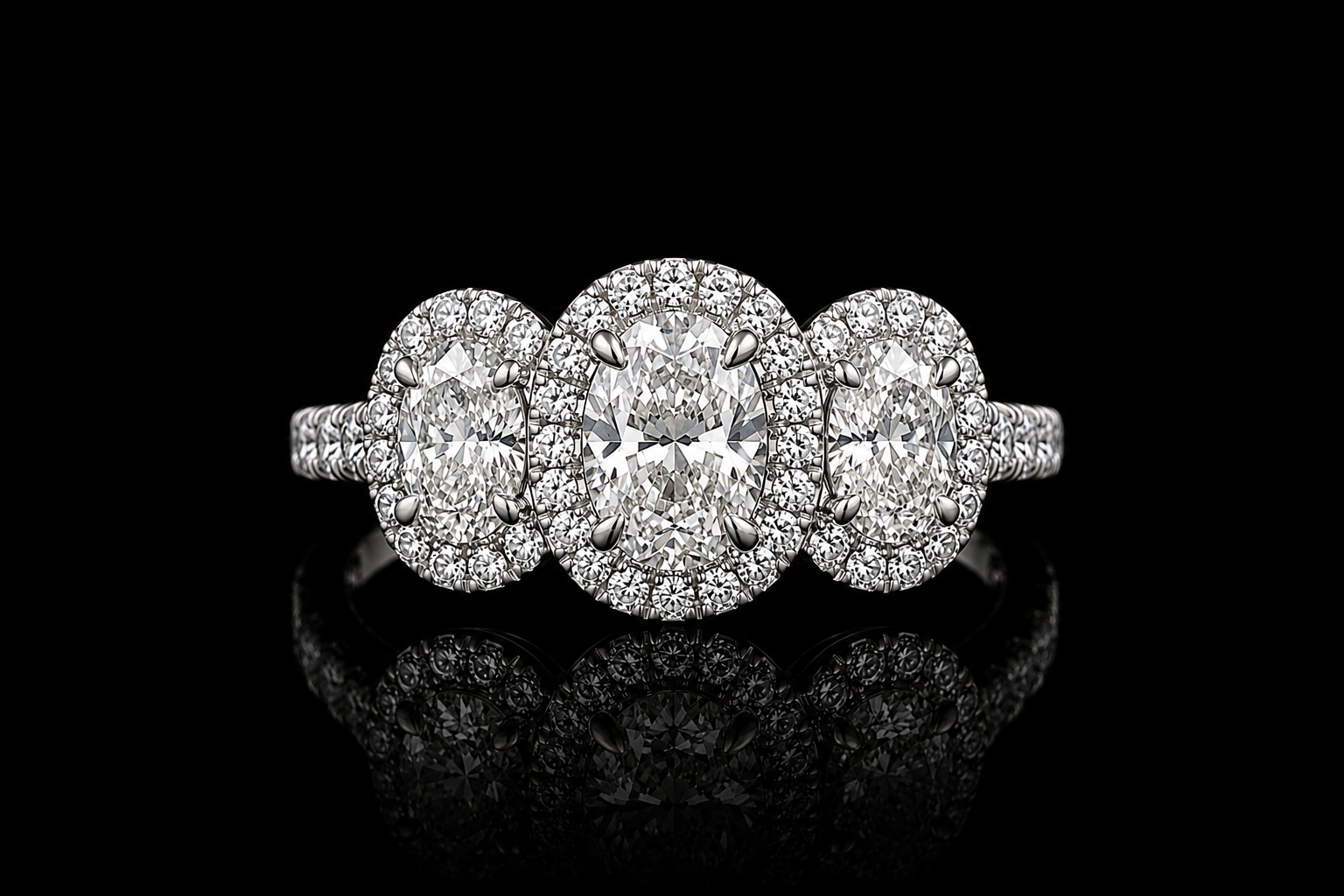 Three Stone Oval Diamond Halo Engagement Ring (eng752)