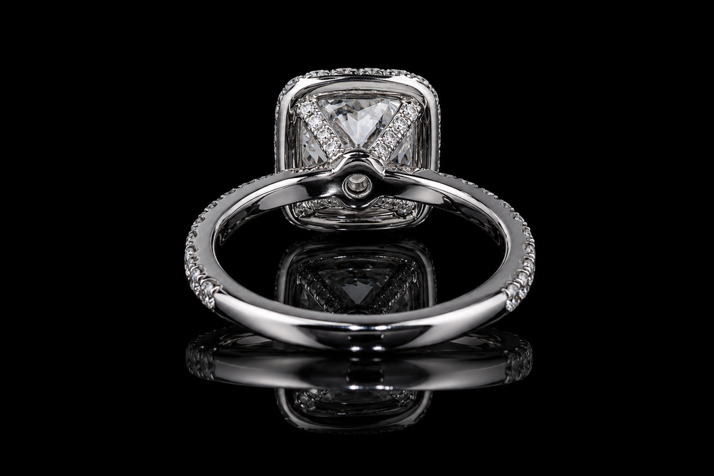 Cushion Cut Diamond Halo Ring with Pavé Band (eng548)